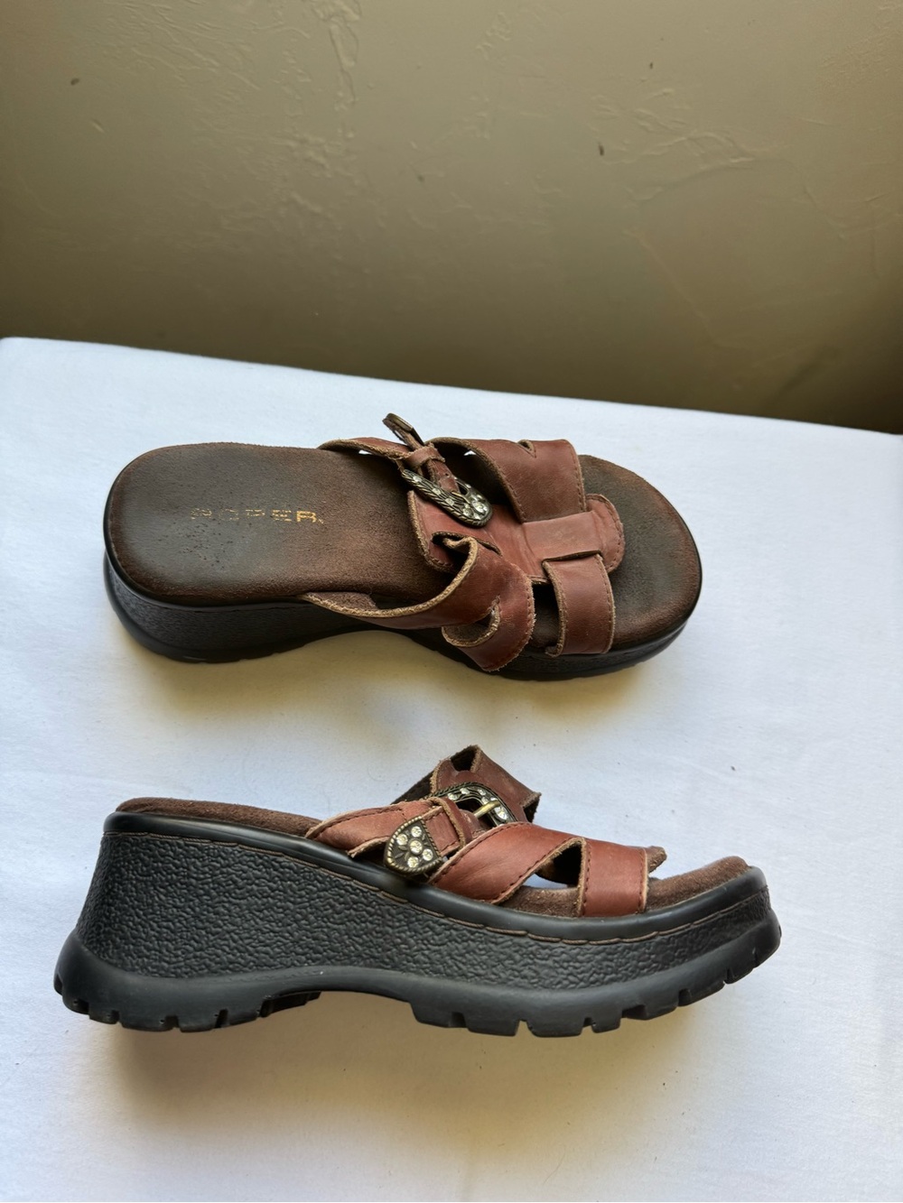 Y2K Rare Roper Eva Wedge platform leather sandals, rhinestone-accented buckles.6